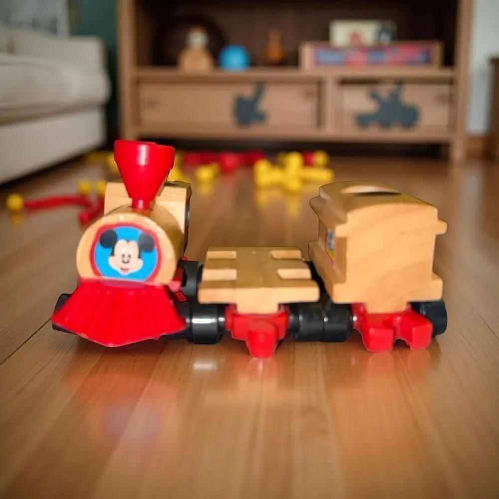 Vintage Mattel Disney Mickey Mouse Rail Road Train Wood & Plastic 3 Pc Set A41